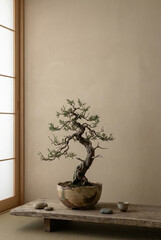 Minimalist studio shot of a bonsai tree in a matte ceramic pot on a wooden table against a textured neutral wall, serene Japanese-inspired decor for wellness and interior design theme