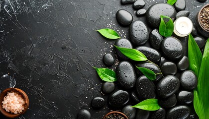 Spa stones, leaves, and candle on dark background