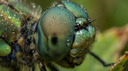 Extreme macro close up of dragonfly compound eye with hexagonal facets and water droplets