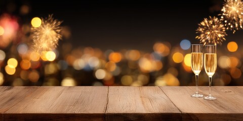 Two champagne glasses sit on a wooden table, surrounded by a festive bokeh background with fireworks, perfect for celebration or New Year's Eve.