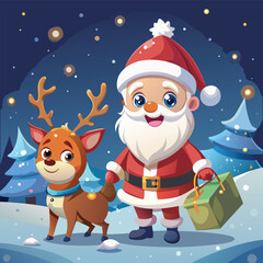 Cute cartoon santa claus and reindeer in a snowy winter forest at night,  A charming illustration of Santa Claus and a friendly reindeer standing in a snow-covered forest under a starry night sky.
