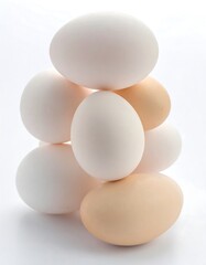Stacked eggs against a plain white background