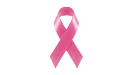 A single bright pink ribbon for breast cancer awareness against a stark black background.
