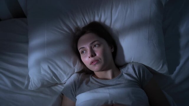 Sleepless young woman suffering from insomnia lying in bed at night feeling worried and thoughtful experiencing a difficult time getting to sleep