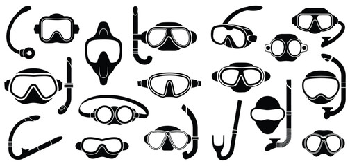 Black Swimming Mask Vector Icon Set Featuring Underwater Goggles and Snorkeling Glasses in Clean Minimal Illustration Style on a White Background