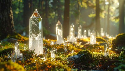 Crystalline clusters rise from a mossy forest floor, catching sunlight in a scene of surreal, natural beauty