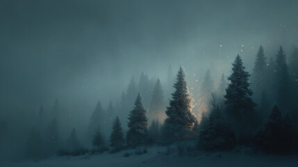Mysterious Winter Forest, Snow-Covered Pine Trees with Soft Light Rays, Gentle Snowfall and Atmospheric Fog, Dark Enchanting Winter Scene, Cool Blue and Subtle Golden Tones, High-Resolution Landscape