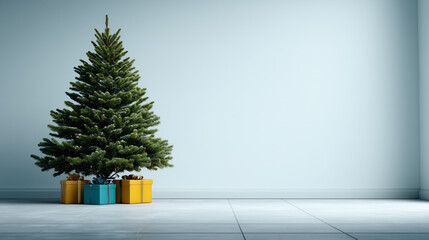 Minimalistic Light Room Background with Christmas Tree and Gift Boxes on Left, Cozy Festive Holiday Scene, Elegant Decor, Warm New Year Atmosphere, Luxury Holiday Vibe
