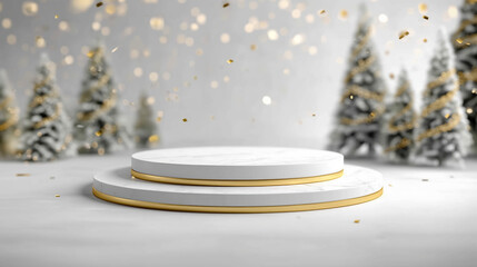 Minimalistic New Year Background with White Marble Product Presentation Platform, Gold Inlays, Blurred Christmas Trees, Falling Gold Confetti, Luxury Festive Scene