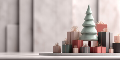 Minimalistic Beige Stone Background with Pastel Christmas Tree and Gift Boxes, Soft Elegant Holiday Composition, Calm Modern Festive Design with Gentle Winter Atmosphere