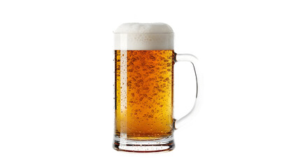 A tall glass mug filled with golden beer and a thick frothy head against a black background.