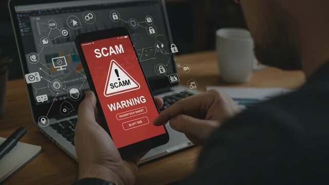 Man holding smartphone with scam warning on screen laptop in background illustrating online fraud and cybersecurity threats.