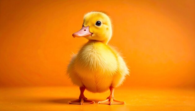 Yellow Duckling Standing Against Solid Orange Background