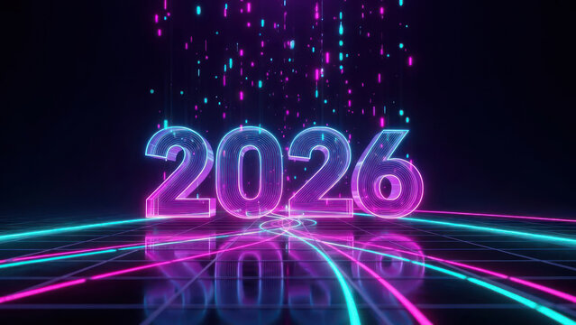 Glowing 2026 numbers with futuristic neon light trails and data streams, a digital abstract - Powered by Adobe