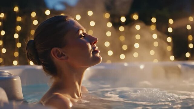 Woman enjoying warm water bath outdoors at night with bokeh lights relaxation and wellness concept