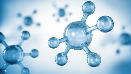 Abstract blue background with suspended glass molecules or carbon atoms in air, abstract light white and cyan scientific structure, banner design for business website.