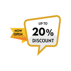 Now Open 20% Discount Promotion Badge – Sale Offer Speech Bubble Label Vector