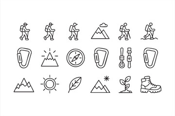 Minimalist wilderness icons with mountains, boots and trail elements for travel design