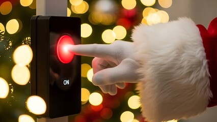 A hand in a Santa glove presses a red power button with Christmas lights bokeh