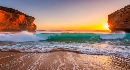 Powerful ocean wave crashes between towering coastal rock formations during a vibrant sunset