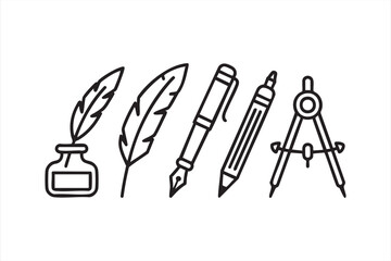 Creative tool icons featuring quill, ink, technical compass and classic writing elements