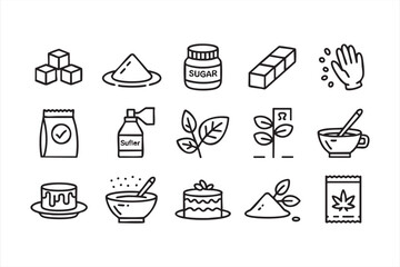 Clean outline sweetener symbols featuring sugar jars, packets, bowls and plant leaves