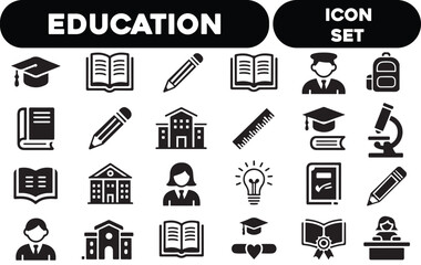 Education icon set. Containing study, graduation, student, knowledge, learning, school and stationery icons. Solid icon set. set liner vector with white background