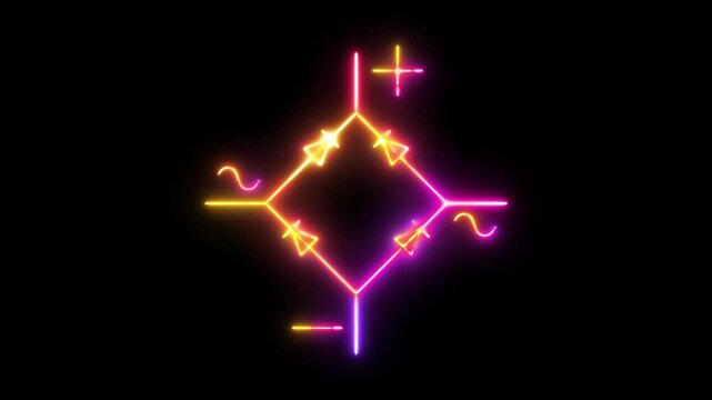 Neon Bridge Rectifier Symbol Glowing Animation, Vibrant Multicolor Electronic Circuit Diagram Icon with Electric Light Effects, Pulsing Diode Network Motion Graphic on Black Background
