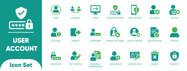 User account and security vectors. Features profile, password, 2FA, and shield symbols. Ideal for app UI, admin panels, and registration forms.