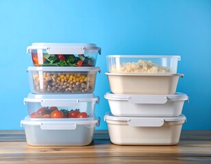 Stacked food containers with various healthy meals