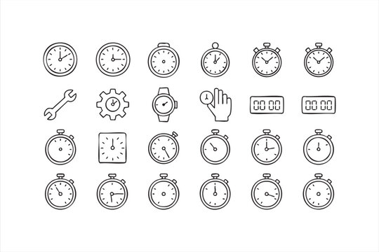 Line-style time management symbols for scheduling apps and productivity dashboards