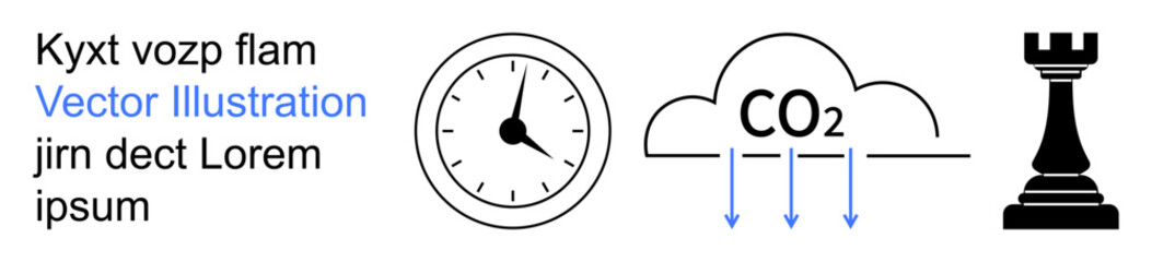 Time management, environmental impact, strategy, carbon footprint, decision-making, climate change. Clock, CO2 cloud with arrows chess rook symbol. Time and environmental impact concept © robu_s