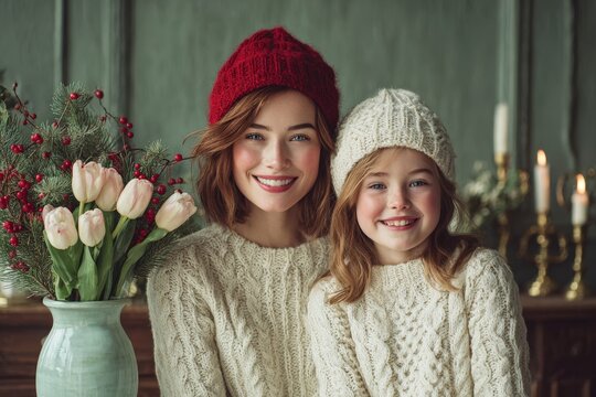 Two smiling females wearing knit winter hats and sweaters pose indoors near floral and holiday decorations