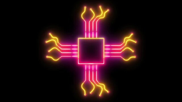 Neon Integrated Circuit Symbol Glow Animation, Futuristic Microchip Lines Pulsing with Electric Energy, Vibrant Multicolor Electronic Chip Diagram and Tech UI Element on Black Background