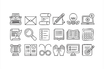 Editorial workflow icons including typing, drafting, reviewing and note-taking