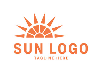 Fototapeta premium Orange sun logo design with tagline and half circle sun rays on a white background