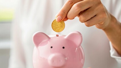 A person deposits a coin into a pink piggy bank, symbolizing savings and financial planning.