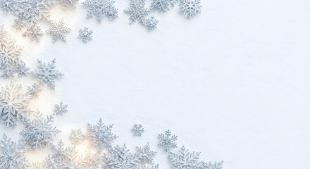 Close up shot of realistic sparkling silver and clear plastic snowflakes arranged on white textured winter backdrop