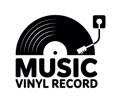 Illustration of a black and white vinyl record with a needle and music text below