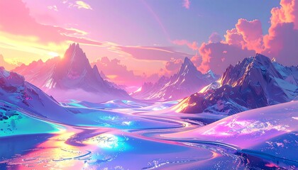 Dreamy, snow-covered mountains bathed in vibrant pink, purple, and blue hues reflecting in a winding icy river