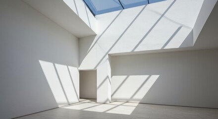 Sunlight streams through a modern, minimalist interior space.  Large windows and a skylight highlight the architectural design
