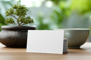 Zen Garden Business Card Mockup With Bonsai Tree And Tea Bowl
