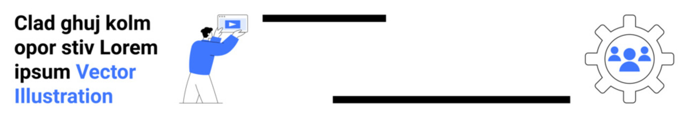 Fototapeta premium Man interacting with a screen displaying data next to a gear icon featuring team members. Ideal for teamwork, workflow management, collaboration, presentations, business strategies, system design