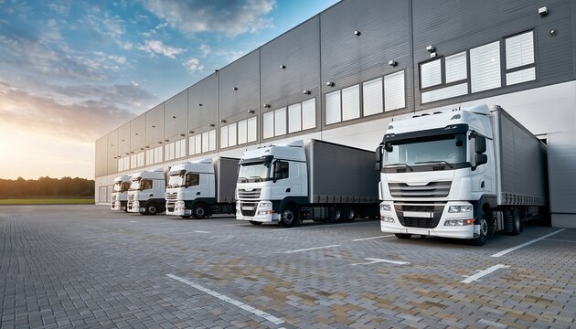 White Cargo Trucks Parked Next to a Warehouse Building