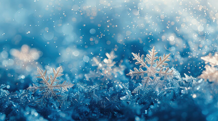 Shiny snowflakes on snow-covered northern background. Mockup for winter holiday designs, Christmas greeting cards, banners. Copy space.