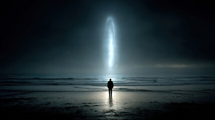 Fototapeta premium Man stands on shoreline at night under bright alien light beam. Mysterious glowing ufo apparition above ocean. Sci fi horror concept.