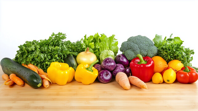 Close-up of vibrant fresh vegetables and fruits on wooden table, symbolizing healthy blood pressure foods, emphasizing natural nutrition and wellness.
