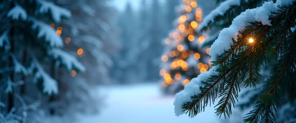 Christmas festively decorated composition of fir branches, illuminated with lights, blurred background with bokeh. Close-up. Copy space.