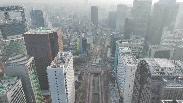 Sunrise aerial view over Jongno District cityscape, Seoul.