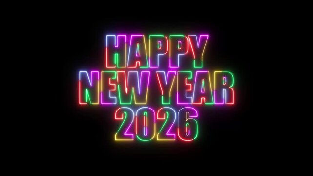 Happy New Year 2026 Five-Color Neon Glow Retro Glitch Text Animation, Vibrant Multicolor Light Flicker Typography on Black Background for Holiday Greetings, Celebration Videos, Intros and Motion